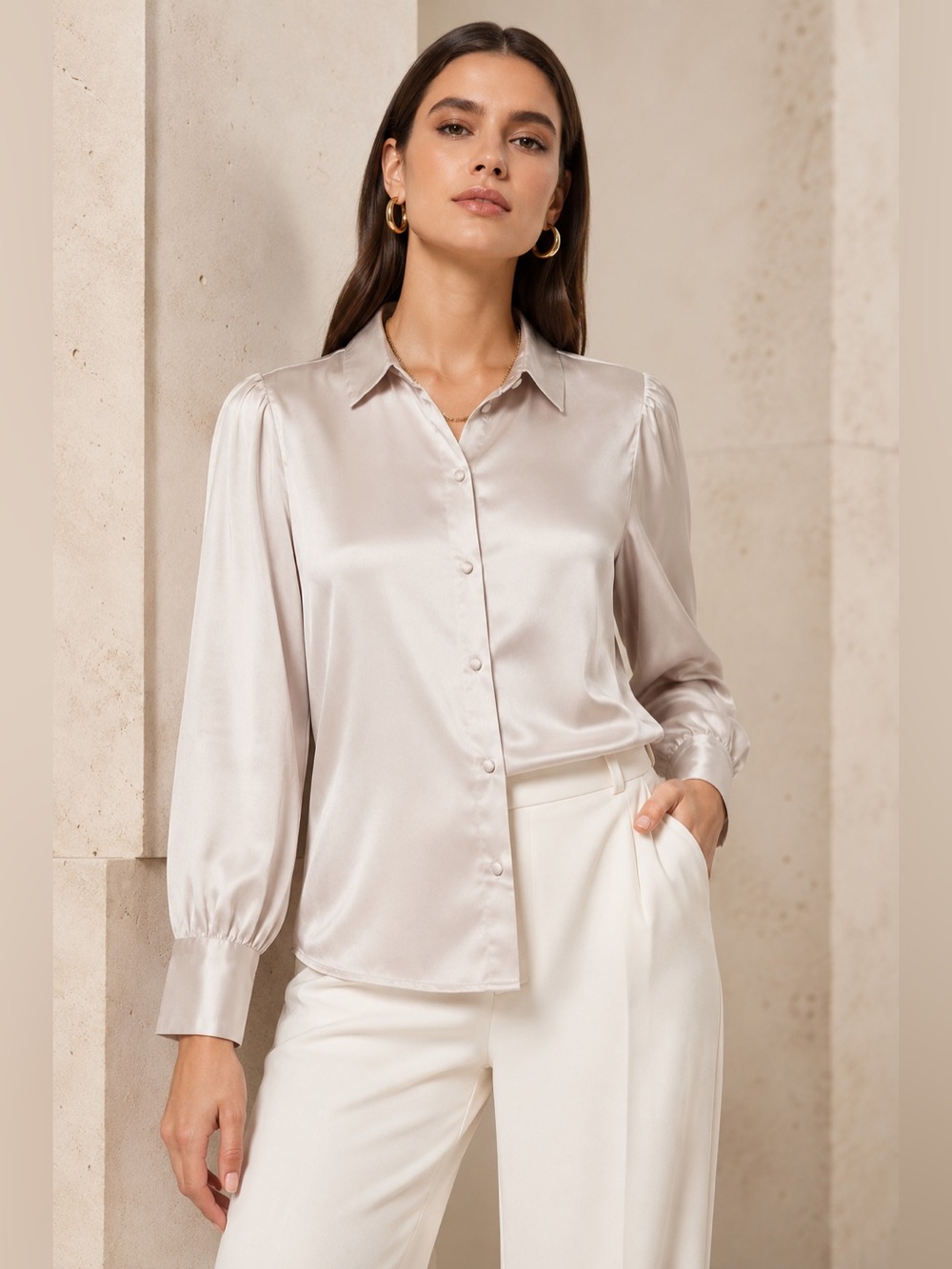 Lucy Whims Satin Button Front Blouse Medium Champagne Beige NWT Stretch S